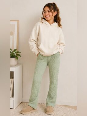 Zara Sage Green Cable Knit Sweater Leggings Kids Sz 11-12 Cozy Lounge Pants